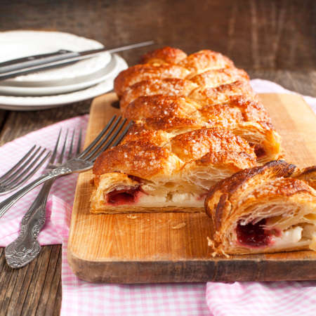 Cheese and strawberry strudel  Selective focusの写真素材