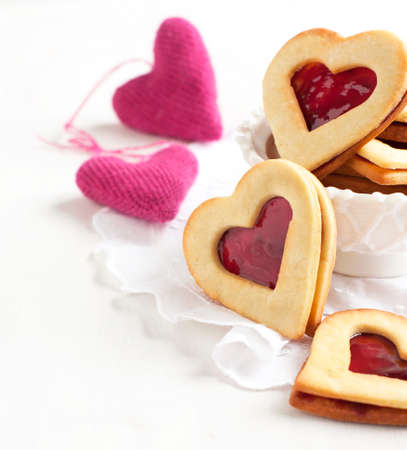 Heart shape sandwich with strawberry jamの写真素材