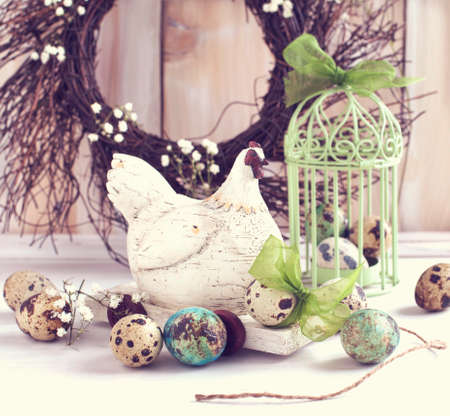 Still life with quail eggs  Toned imageの写真素材