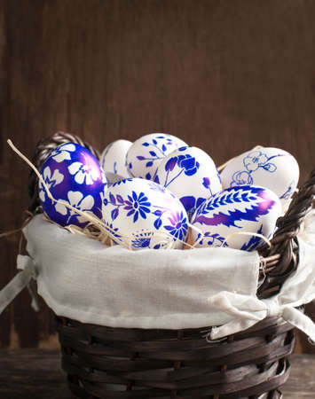 Easter eggs in basket  Hand painted の写真素材