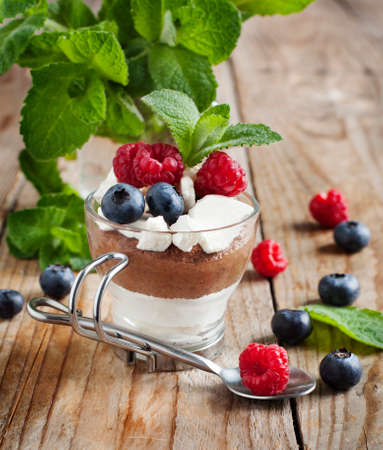White chocolate and milk chocolate mousse with berries and meringueの写真素材