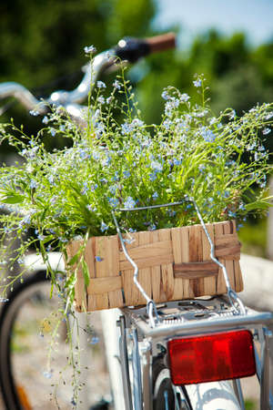 Bicycle with a bucket of summer blue flowers  Selective focusの写真素材