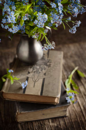Vintage books and  summer blue flowers  Toned image  の写真素材