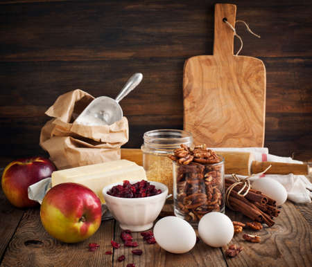 Baking ingredient on wooden background. Fall or winter baking.の写真素材