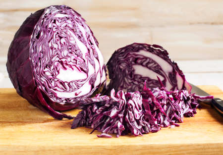 Chopped Red Cabbage on Wooden Cutting Boardの写真素材