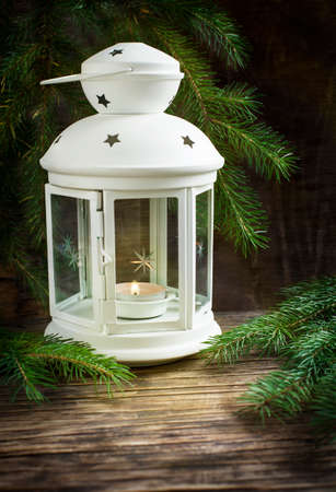 Christmas Card with Candle and Fir Tree. Selective focus