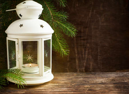 Christmas Card with Candle and Fir Tree. Selective focusの写真素材