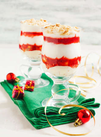 Layered strawberry dessert with cream.Strawberry mousse with cream.の写真素材