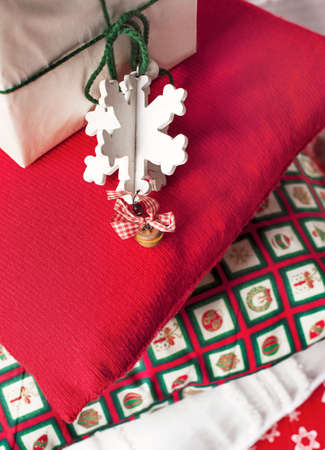 Christmas pillows closeup and Christmas vintage ornamentの写真素材