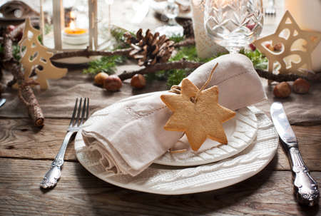 Christmas table setting. Holiday Decorations.の写真素材