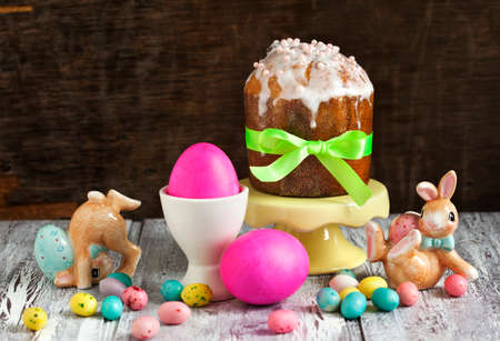 Still life with Traditional Easter cake and colorful eggs