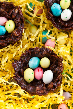 Chocolate nest with colorful candyの写真素材