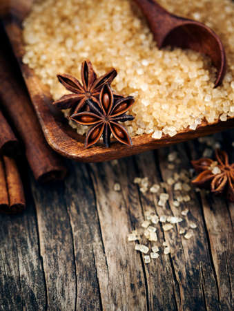 Baking ingredients Cinnamon sticks, star anise and brown sugar. Christmas spices.の写真素材
