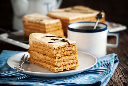 Honey cake with cream of condensed milkの写真素材