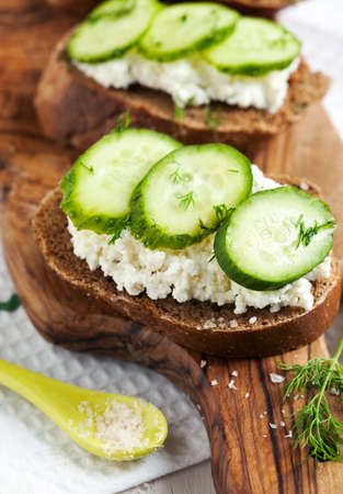 Sandwich with fresh cream cheese and cucumberの写真素材
