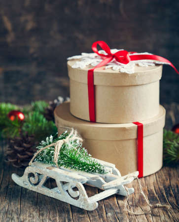 Christmas gift boxes and ornaments.の写真素材