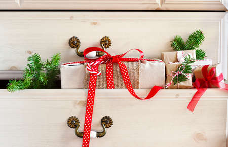 Christmas gift  in dresser drawerの写真素材