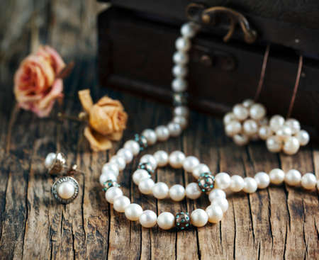 Pearl necklaces and earrings.の写真素材