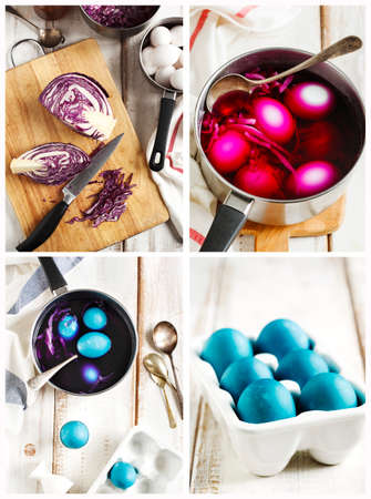 Homemade decoration eggs natural way. Naturally coloring Easter eggs with red cabbageの写真素材