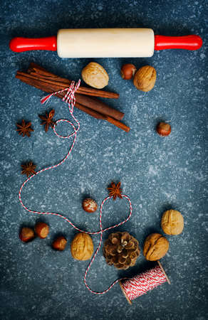 Ingredients for Christmas baking dark background for copy space.の写真素材