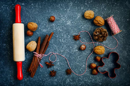 Ingredients for Christmas baking dark background for copy space.の写真素材