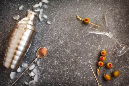 Ingredients and bar utensils for making martini cocktail. Top viewの写真素材