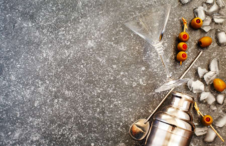 Ingredients and bar utensils for making martini cocktail. Top viewの写真素材