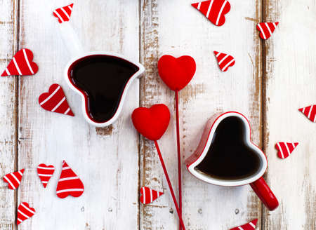 Heart shaped cups of tea. Valentines day concept. Top viewの写真素材