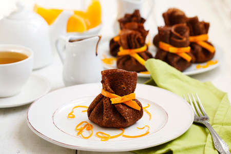 Chocolate pancakes with orangeの写真素材