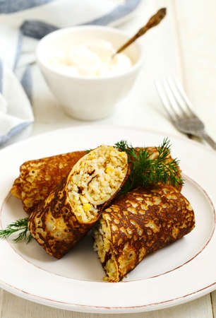 Russian Stuffed Pancakes with Meat, Egg and Riceの写真素材