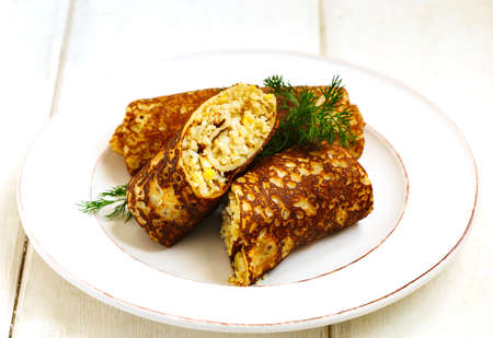 Russian Stuffed Pancakes with Meat, Egg and Riceの写真素材