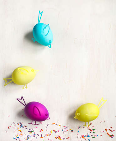 Easter eggs and cute bird. Festive card. Happy Easter!