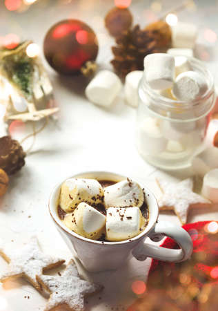 Mug filled with hot chocolate and marshmallows, Christmas conceptの写真素材