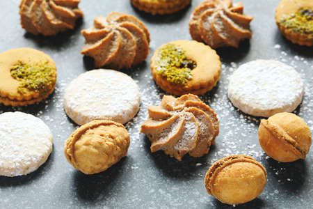 Assorted cookies: linzer cookies,shortbread, nuts cookie, orange almond cookie, selective focusの写真素材