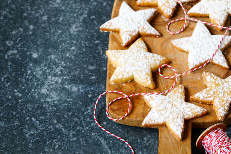 Christmas cookies on wooden board, copy spaceの写真素材