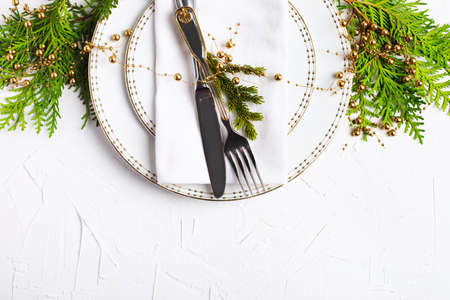 Christmas table setting. Holiday background, copy spaceの写真素材