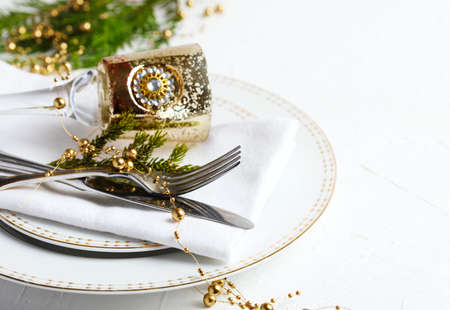 Christmas table setting. Holiday background, copy spaceの写真素材