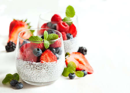Chia seed pudding with berriesの写真素材