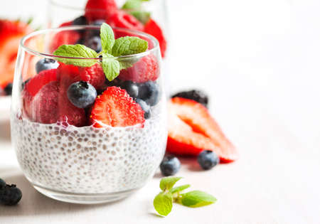 Chia seed pudding with berriesの写真素材