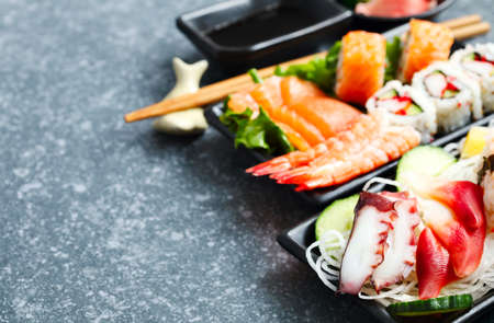 Sushi Set. Different sashimi, sushi and rollsの写真素材