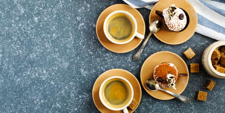Coffee and pastries, top view.