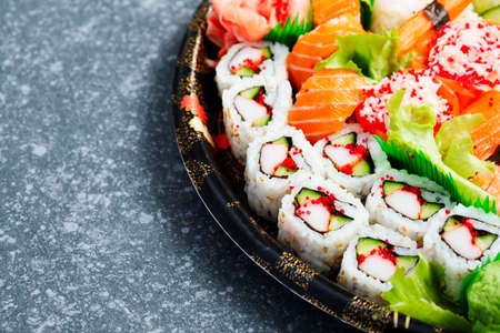 Sushi Set. Different sashimi, sushi and rollsの写真素材