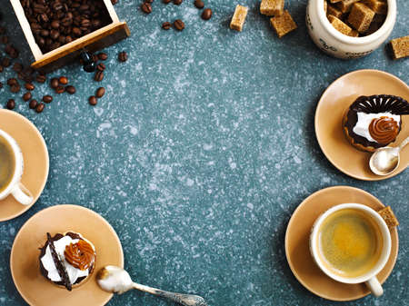 Coffee and pastries, top view, copy space/の写真素材