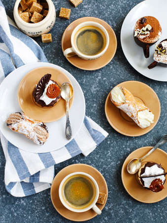 Coffee and pastries, top view.の写真素材