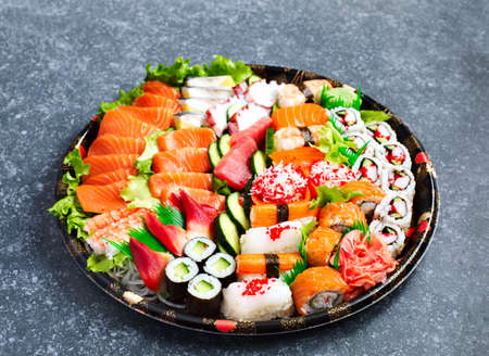 Sushi Set. Different sashimi, sushi and rollsの写真素材