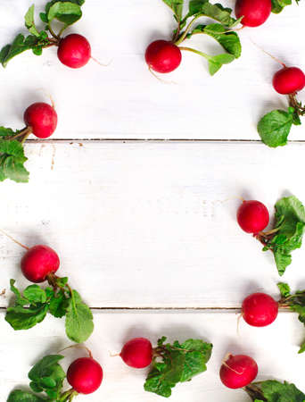 Spring fresh radishes frame on wooden background, top viewの写真素材