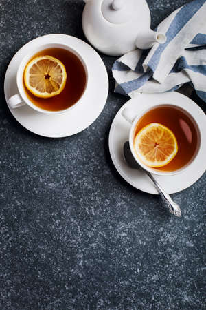 Two cup of tea with lemon, top viewの写真素材