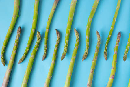 Fresh  raw asparagus on light blue backgroundの写真素材