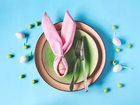 Spring Easter Table setting. Top view, copy space