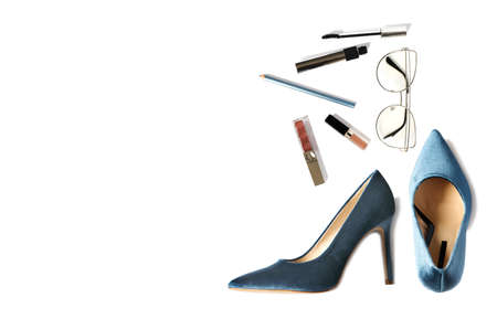 Woman styled fashion shoes and accessories isolared on white background. Flat lay, top view fashion background.の写真素材